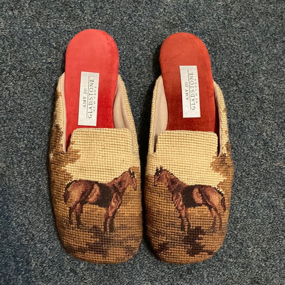 Amy Jo Gladstone Vintage Needlepoint Horse Slip On Shoes